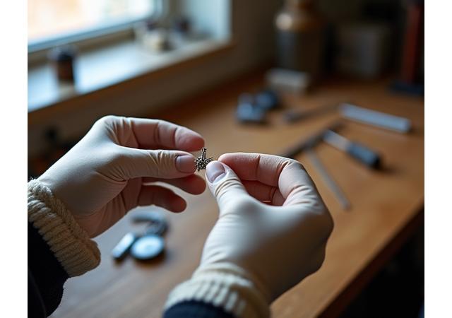 Artisan's hands meticulously working on a piece of jewelry in a well-lit workshop